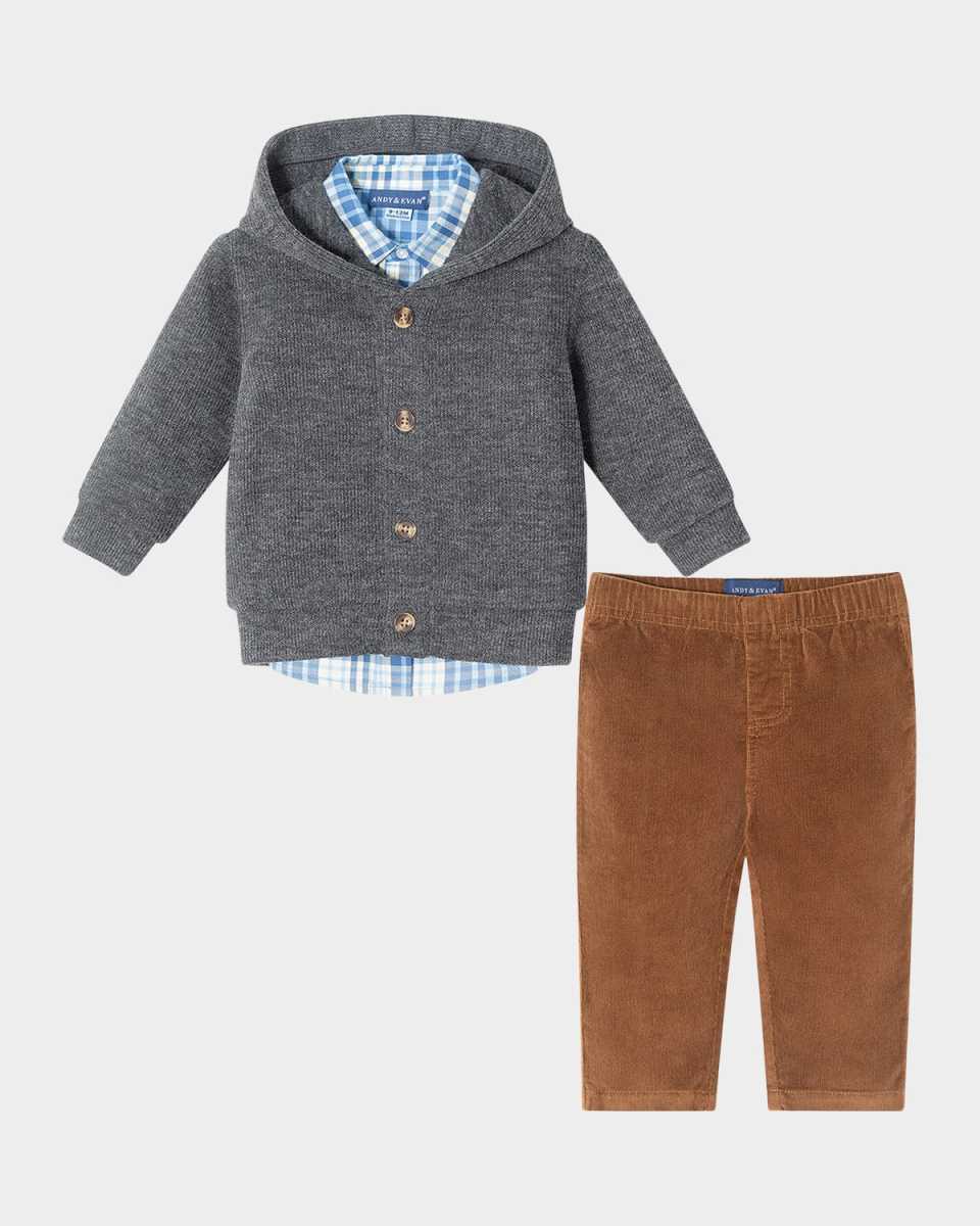 Boy's Hooded Cardigan & Corduroy Pants Set, Size Newborn-24